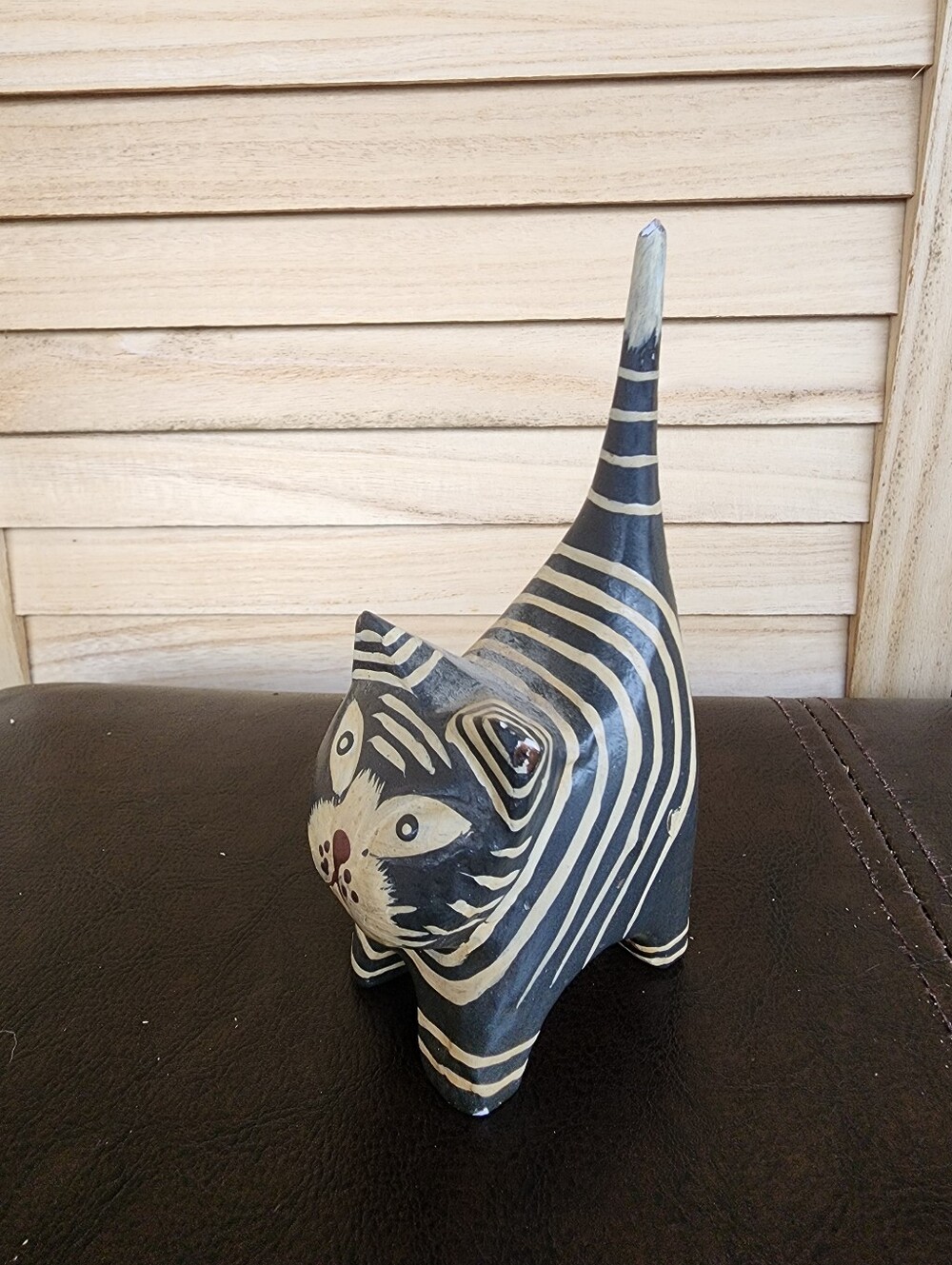 Wooden Cat Black  White Striped Home Decor Accent Shelf Sitter